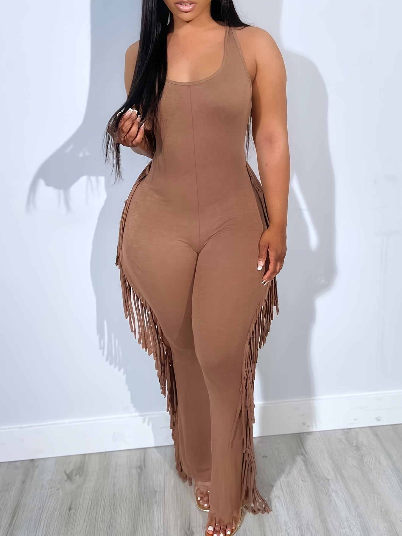 Women'S Casual Brown Fringe Jumpsuit - Comfortable Sleeveless Unitard with Tassel Details, All-Season Wear, Adult Size, Casual Attire | Fringe Detailing | Sleeveless Jumpsuit